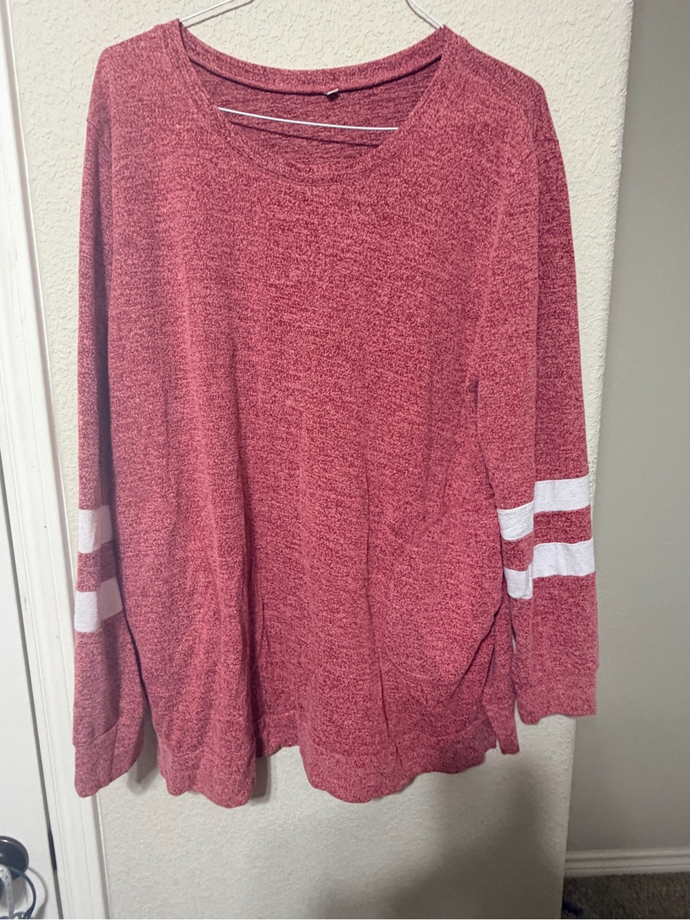 Soft Knit Women's Sweater in Heathered Rose with White Sleeve Stripes